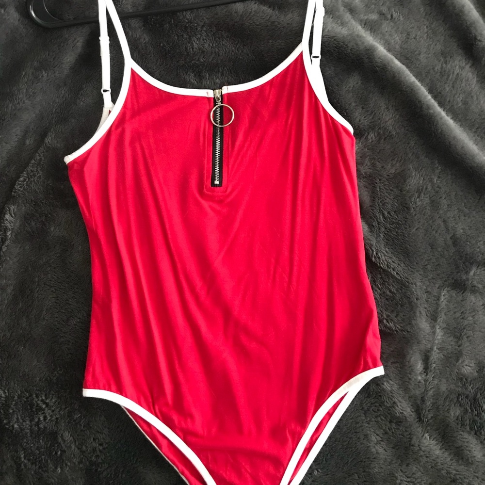 red bodysuit with zipper in front